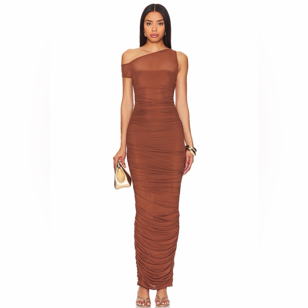 Revolve AFRM Biona Maxi Dress Elegant Brown One-Shoulder Dress